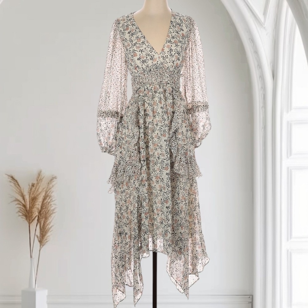 Ulla Johnson Primrose Asymmetrical‎ Silk Ruffle Dress Womens 2 Floral Boho